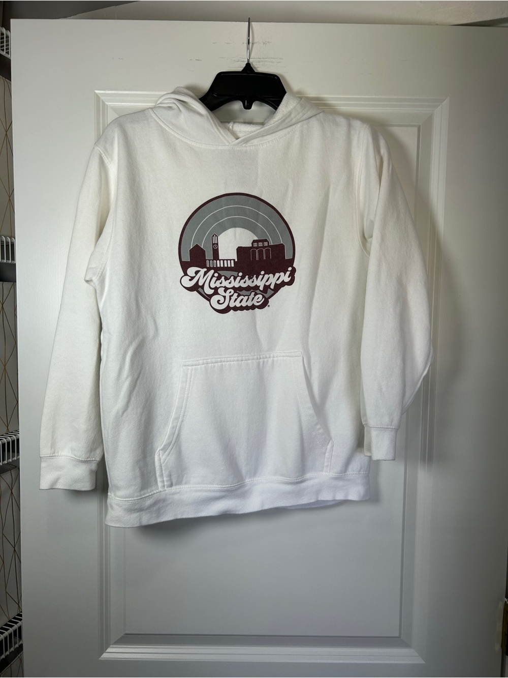 Mississippi State Kids White Hooded Sweatshirt with Retro Campus Graphic